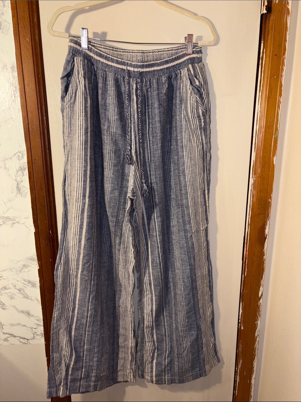 Forcynthia Beachwear Striped Blue & White Wide-Leg Drawstring Pants